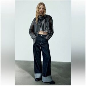 Zara Metallic Coated Faux Leather Cropped Biker Jacket Belted Moto Silver Gray M